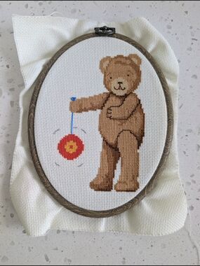 Handmade Brown Teddy Bear Cross Stitch Hoop Wall Art
